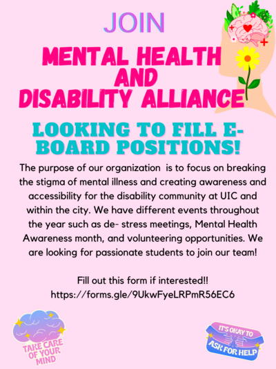 Flyer that contains a background color of baby pink, and there is an image of a head with a flower growing inside of it and a brain being surrounded by nature on the right upper corner. On the bottom right corner there is a purple and blue colored image of two hands coming together that reads "It's okay to ask for help". On the bottom left corner there is a blue and purple cloud image with text that reads "Take care of your mind".