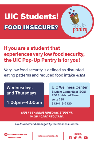 On the right hand top corner, there is a graphic of multiple food items falling into a paper grocery bag with a UIC logo on the bag. At the very bottom, there is the Student Affairs logo on the far left, the middle has a link to the wellness center, and the right side has @UIClife with icons for Instagram, Twitter, and Facebook