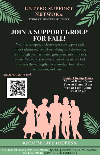 The background color is black with pink, white, and green text in front. There are green leaves at the top of the page and pink silhouettes of people at the bottom. There is a QR code at the bottom left of the page.
