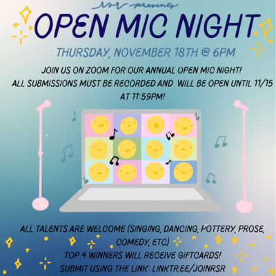 Blue gradient background on the flyer. Yellow stars and doodles in the corners. Two Pink mics on each side of a laptop in the center. The laptop has pink, purple, blue, and green boxes with smiley faces. Blue musical notes in the background.