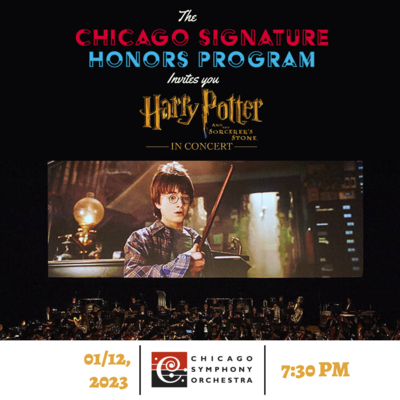 There is a picture of the Chicago Orchestra playing music as a scene from the movie Harry Potter plays above them.