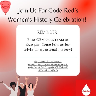 A red flyer with text regarding the GBM date and time. There is a picture of three women towards the bottom and Code-Red's symbol at the top.