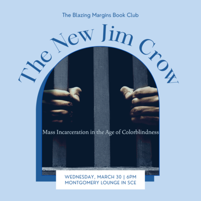 Light blue background with an image of the cover of The New Jim Crow book