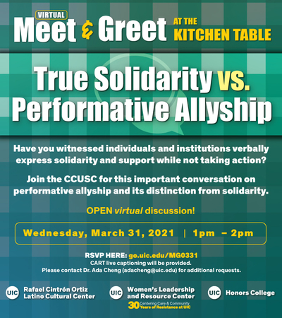 The color for the flyer is green. At the top, Meet & Greet in white, at the Kitchen Table in yellow. In the middle is True Solidarity vs. Performative Allyship in white. At the bottom are the three co-sponsors in white.