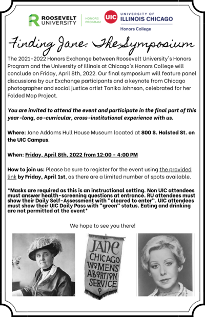 The Roosevelt University logo is at the top left. The UIC formal logo is on the right. There is handwriting signature stating "Finding Jane: The Symposium" . At the very bottom is a picture of Jane Addams and on the right side there is a picture of Jane Bryne.
