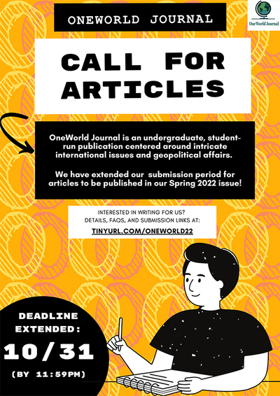The background color is orange and yellow, and there is a black and white graphic of a male writing with a pencil on a pad and paper. The OneWorld Journal logo, which is the image of a globe, is in the top right corner of the flyer.