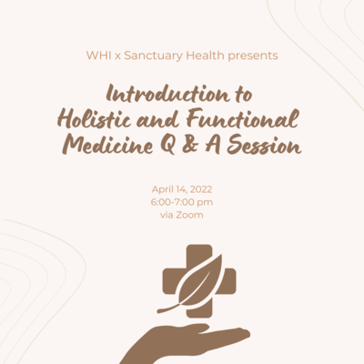 The background is beige. The words are dark brown. There is a hand with a holistic medicine symbol in dark brown. There are line detailing in the corners of the poster.
