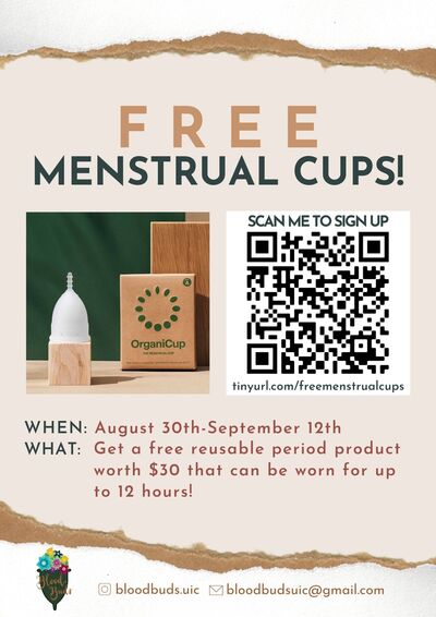 Beige background. Image of white menstrual cup on left, QR code on right. Title of flyer: Free Menstrual Cups!