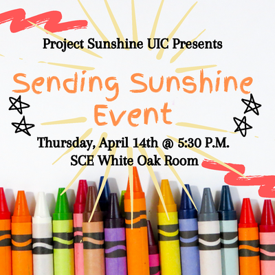 The background color is white. At the bottom of the flyer, assorted colors of crayons are depicted. At the top of the flyer, the event and event details are written. These details are surrounded by yellow lines indicating the sun's rays. There are black stars scribbled on both sides of the announcement.