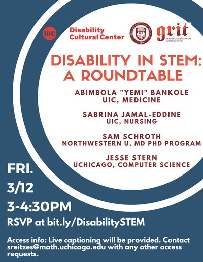 Orange, maroon, and white text on a deep blue background, with concentric white and blue circles. At the top are logos for the UIC Disability Cultural Center and the University of Chicago Graduate Recruitment Initiative Team.