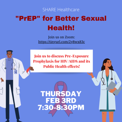 This is a blue flyer with two animated doctors holding up a textbox that shows the information for the event. The flyer contains information for the event.