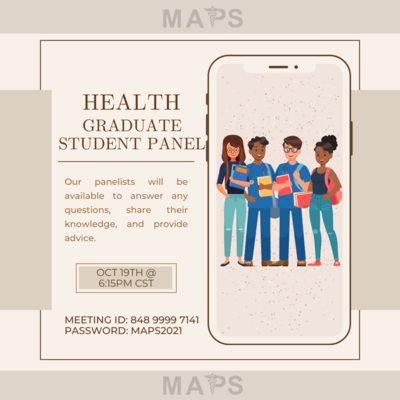 Light brown background with a iphone graphic on the right with four students standing next to each other holding books. MAPS logo on top and bottom in the middle of the flier border.