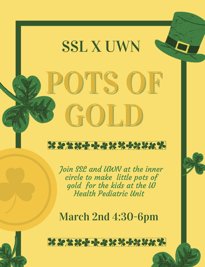 The background is yellow with a green border a little bit from the edge of the flyer. There is a green leprechaun hat in the top right corner, a gold coin on the left side near the bottom, and green shamrocks scattered around the flyer.