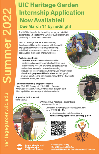 Poster shows three images in circles. The first image is of 4 interns with watering cans and shovels gardening in front of the mural at the Latino Cultural Center. The second image is of an intern holding a camera and taking a photo. The third image is of an intern watering a garden bed. At the bottom there’s a QR code and the UIC Heritage Garden Logo, a tree with roots with two hands holding a sun. The side graphics include the Heritage Garden website and “Summer 2022” in yellow letters against an orange background. The title of the poster in green letters is on the top of the poster, in a yellow background, and reads “UIC Heritage Garden Internship Applications Now Available!! Due March 11th by midnight.” The bottom graphics are white letters on an orange background. These include the logo for the UIC Centers for Cultural U nderstanding and Social Change, as well as the following text “Support provided by the UIC sustainability Fee and the US Forest Service International Program."