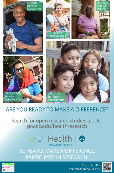 There are candid photos of different types of people smiling including families. The UI Health Logo is near the bottom.