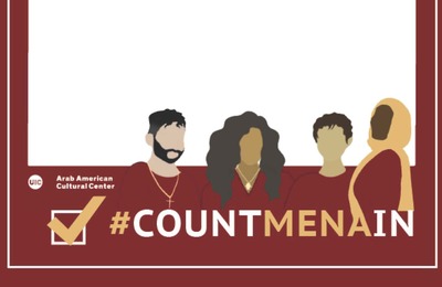 The background color is maroon with a white border, and there is an image of four MENA students on the bottom of the flyer. Under those four students is a hashtag that reads #COUNTMENAIN in all capital letters and in yellow and white font. To the left of #COUNTMENAIN is a white box with a golden checkmark, and above that checkmark is the logo of the UIC Arab American Cultural Center, in white font.