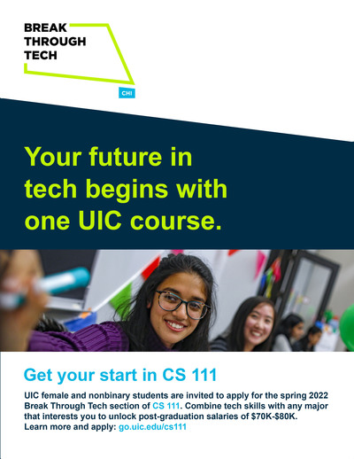 At the top left is the Breakthrough Tech Chicago Logo. Below is a blue background with a student smiling.