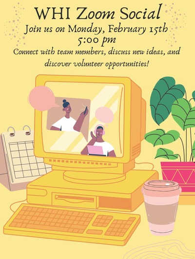 Animated image of students connecting with each other over Zoom. Yellow background with a pink coffee cup, green plant, and yellow computer and keyboard.