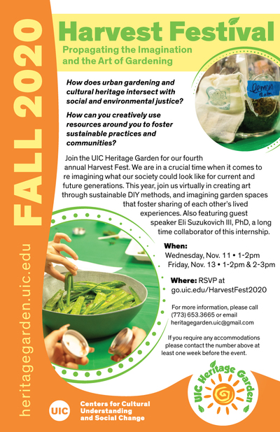 The flyer is mostly white background, with some orange and yellow behind the text. There is an animated image of a tree's brown roots. There are also photos of a woman tending to a garden, and a green plant.