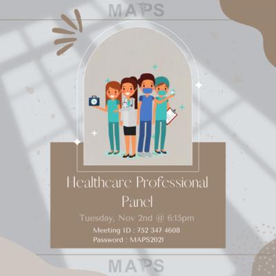 There are four cartoon like health care figures in the middle of the image. At the top and bottom is the Maps logo.