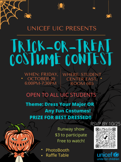 The background is a dark gray/light black color, and there are pictures of an orange pumpkin in the bottom left corner with an orange spider web + hanging spiders on the top of the flyer.