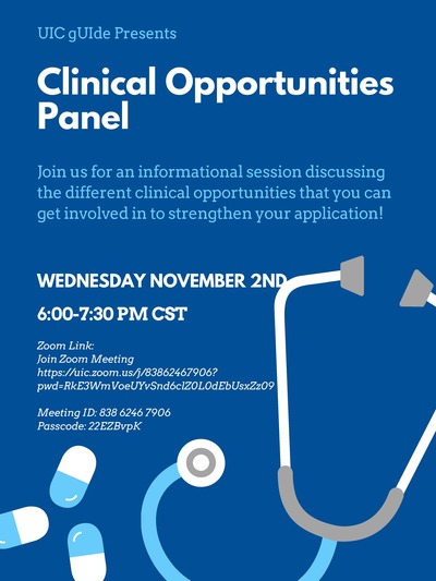The flyer is a dark blue with light blue and white font. There is a picture of a stethoscope in the bottom right corner and pills on the botton left.