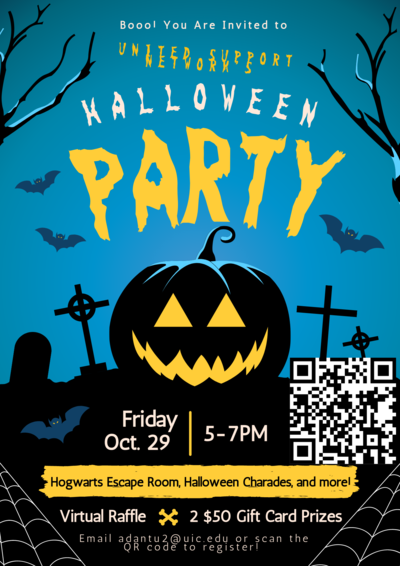 The background is teal with black bats, gravestones, and a jack-o-lattern in the foreground. Lettering is orange and yellow. There is a black and white QR code on the right side of the page.
