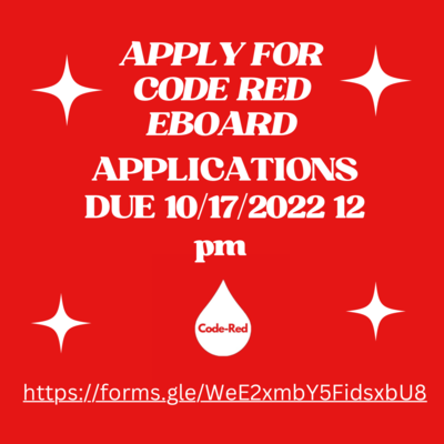 It is a red flyer with white lettering displaying the Code-Red organization logo with the eboard-application. Underneath the logo is the link for the e-board applications.