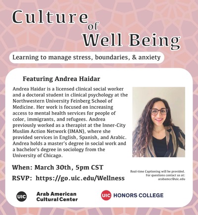The image has a pink background on the top and a photo of the speaker. The logos for the Arab American Cultural Center and Honors College are on the bottom of the flyer.