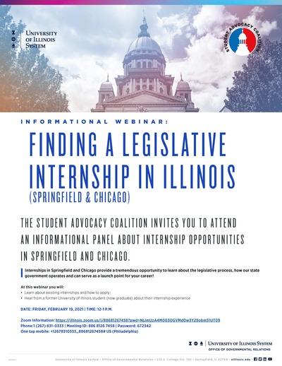 There is a photo of the Illinois Capitol Building on the top of the flyer, and the UI system logo on the top, left corner of the photo. The rest of the flyer is white, with blue and black text.