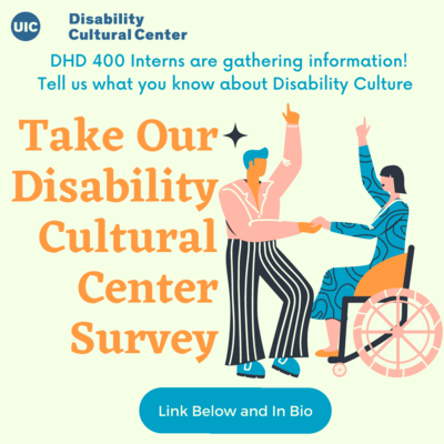 Orange and blue text on a pale green background. A standing person wearing stripey pants and a person using a wheelchair with a blue dress dance together, holding hands and pointing to the sky. At the bottom is a blue oval that says “Link below and in Bio.”