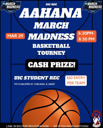 The background color is blue, and there is an image of a basketball and a basketball court, advertising Aahana's March Madness-inspired basketball tournament.