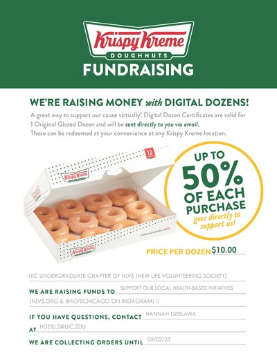 A white-background flyer with a green banner at the top of the page displaying the Krispy Kreme logo. The center of the flyer contains an image of a donut box and a circle with text that states "up to 50% of each purchase goes directly to support us"